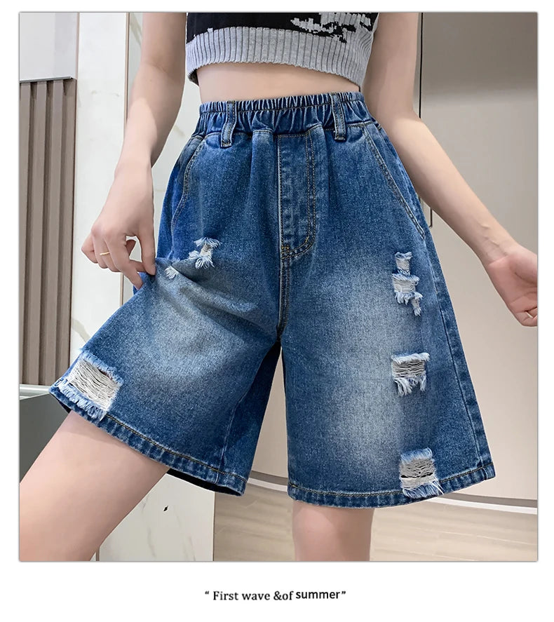 Plus Size Denim Shorts For Women 2024 Summer Wide Leg Loose Blue Jeans Shorts High Elastic Waist Half Length Casual Denim Shorts