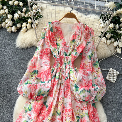 Chic vintage long sleeve lantern sleeve V-neck print pleated Elegant Fairy korean dress women clothing Long dress