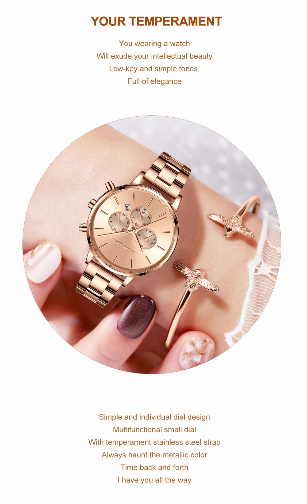 HANNAH MARTIN Brand Women Multifunctional Watch Original Stainless Steel Rose Gold 36mm Quartz Movement Casual Banquet Wristatch