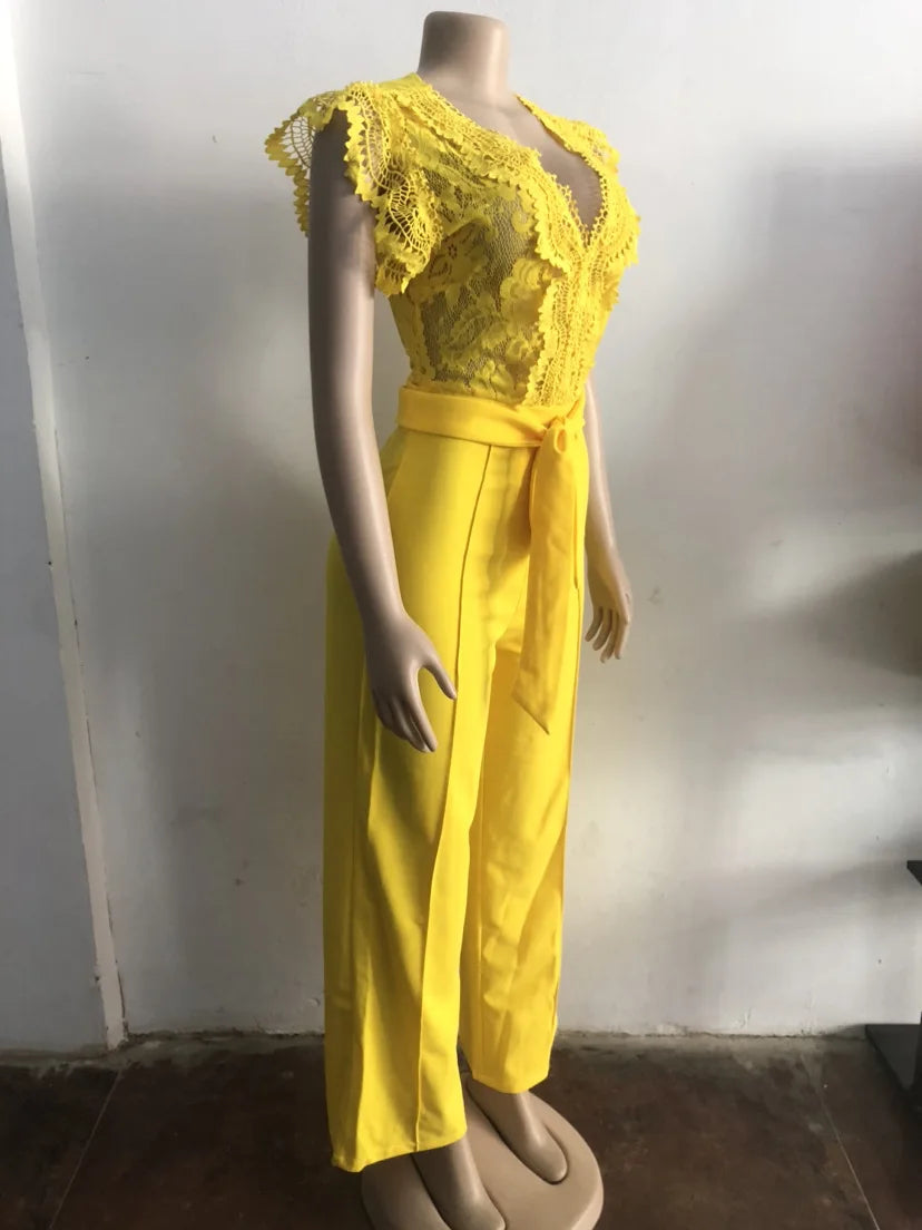 Women Lace See Though Patchwork Short Sleeve V-neck Jumpsuits Summer Vacation One Piece Set Streetwear Fitness Jumpsuit Badiee Stylez