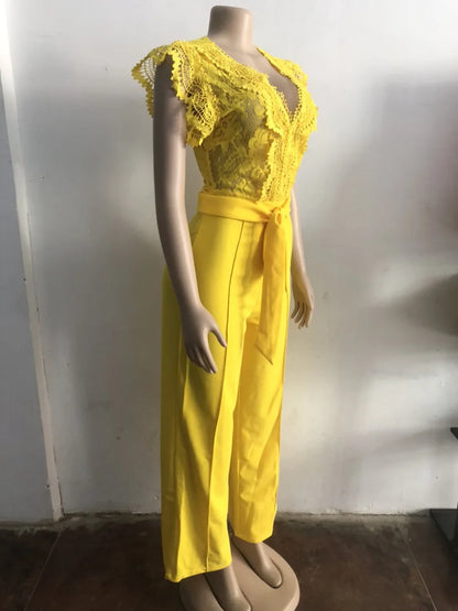 Women Lace See Though Patchwork Short Sleeve V-neck Jumpsuits Summer Vacation One Piece Set Streetwear Fitness Jumpsuit Badiee Stylez