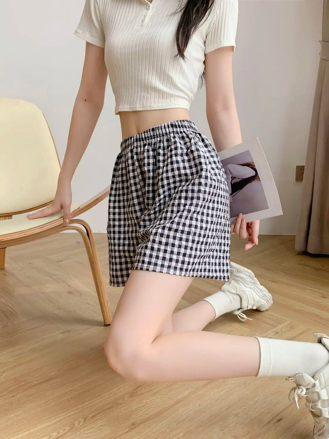 Summer Home Shorts Women's High Waisted Slimming Wide Leg Pants Sports Casual Pants Loose Plaid Pajama Pants