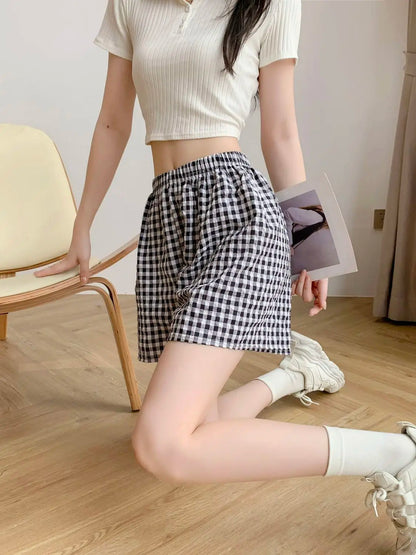 Summer Home Shorts Women's High Waisted Slimming Wide Leg Pants Sports Casual Pants Loose Plaid Pajama Pants