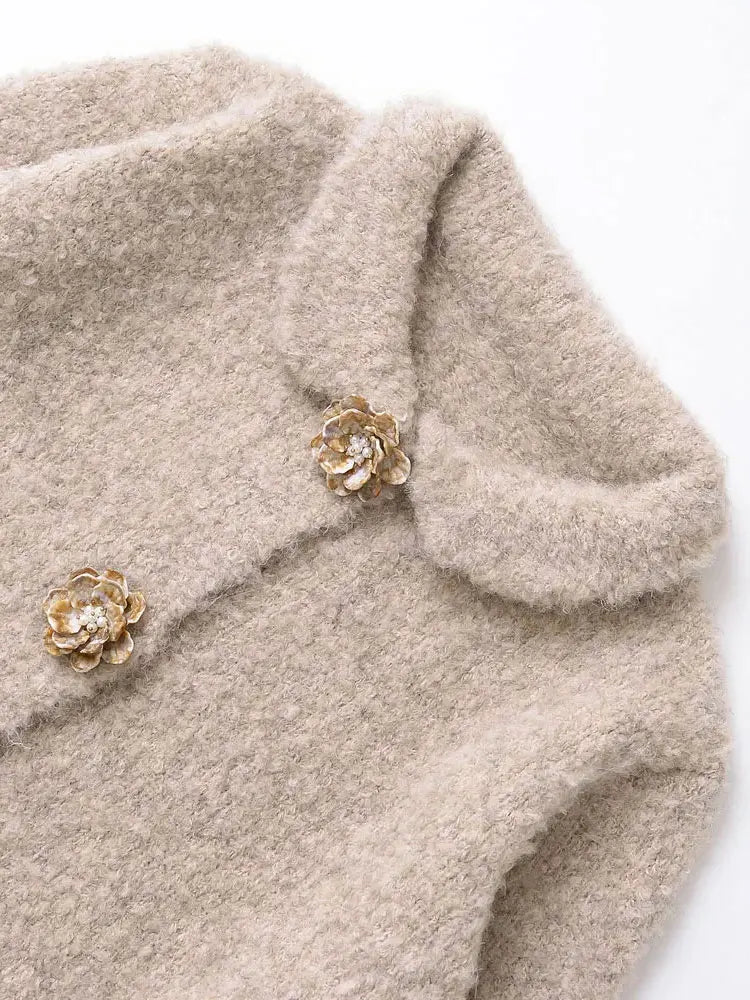 TRZA Women's Floral Button Knit Cardigan Sweater Lapel Collar Long Sleeve Chic Outerwear Fashion Top