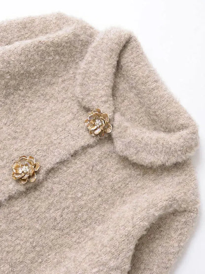 TRZA Women's Floral Button Knit Cardigan Sweater Lapel Collar Long Sleeve Chic Outerwear Fashion Top