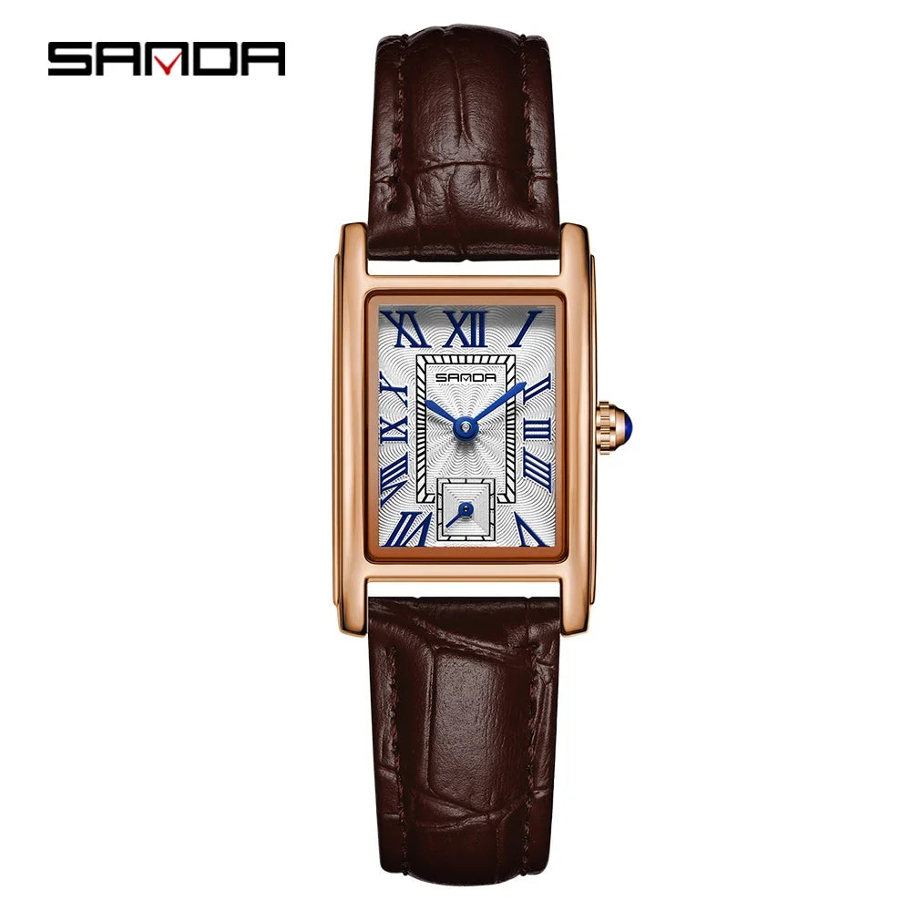 SANDA 1116 Quartz Watch Women Elegant Design Rectangle Dial Watches Waterproof Pointer Leather Business Ladies Wristwatches P Coffee Gold