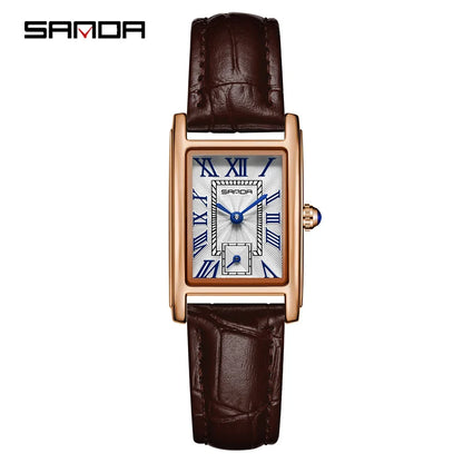 SANDA 1116 Quartz Watch Women Elegant Design Rectangle Dial Watches Waterproof Pointer Leather Business Ladies Wristwatches P Coffee Gold