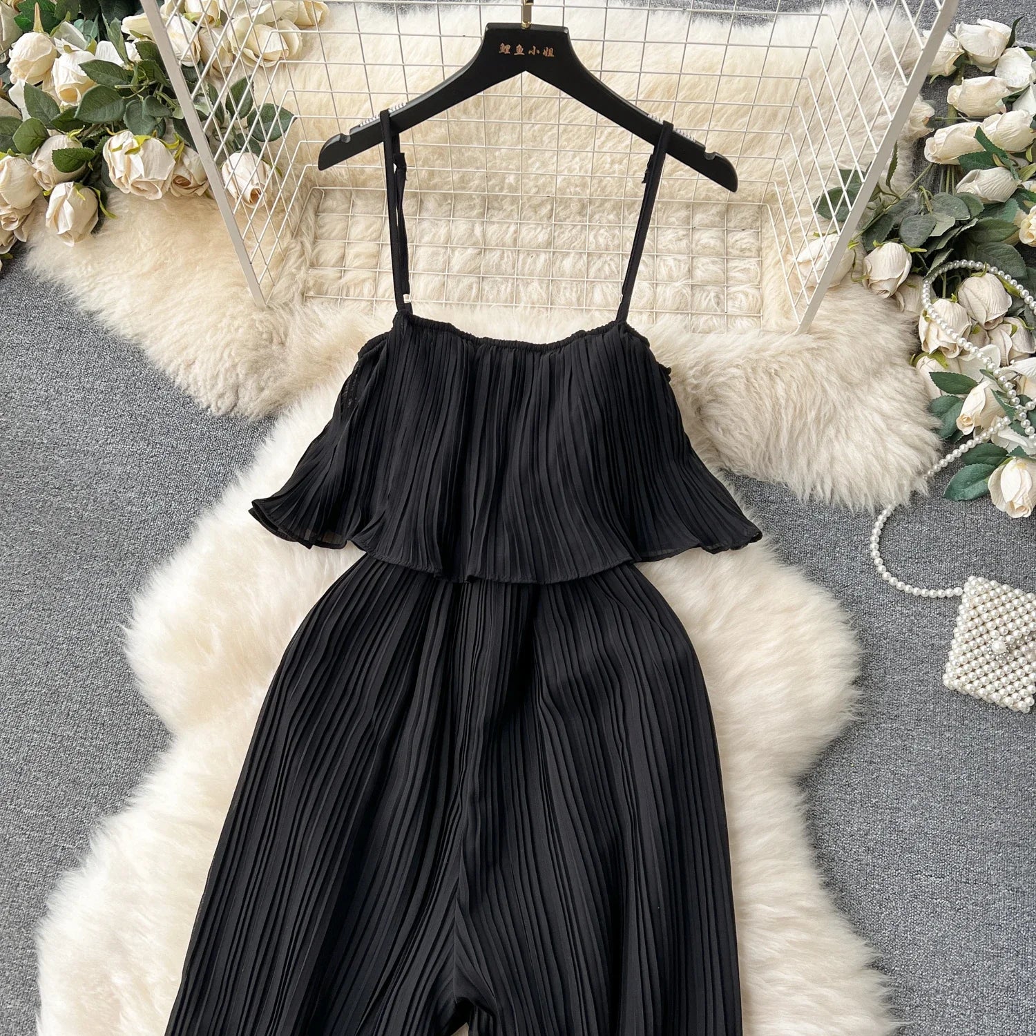 Vacation Loose Jumpsuit Strap Backless Thin Romper Streetwear Women INS One-Piece Outfit Beach Style Pleated Bodysuits