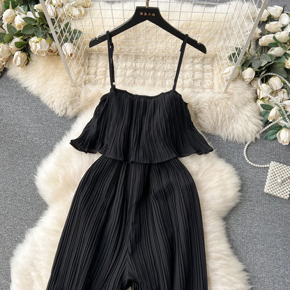 Vacation Loose Jumpsuit Strap Backless Thin Romper Streetwear Women INS One-Piece Outfit Beach Style Pleated Bodysuits