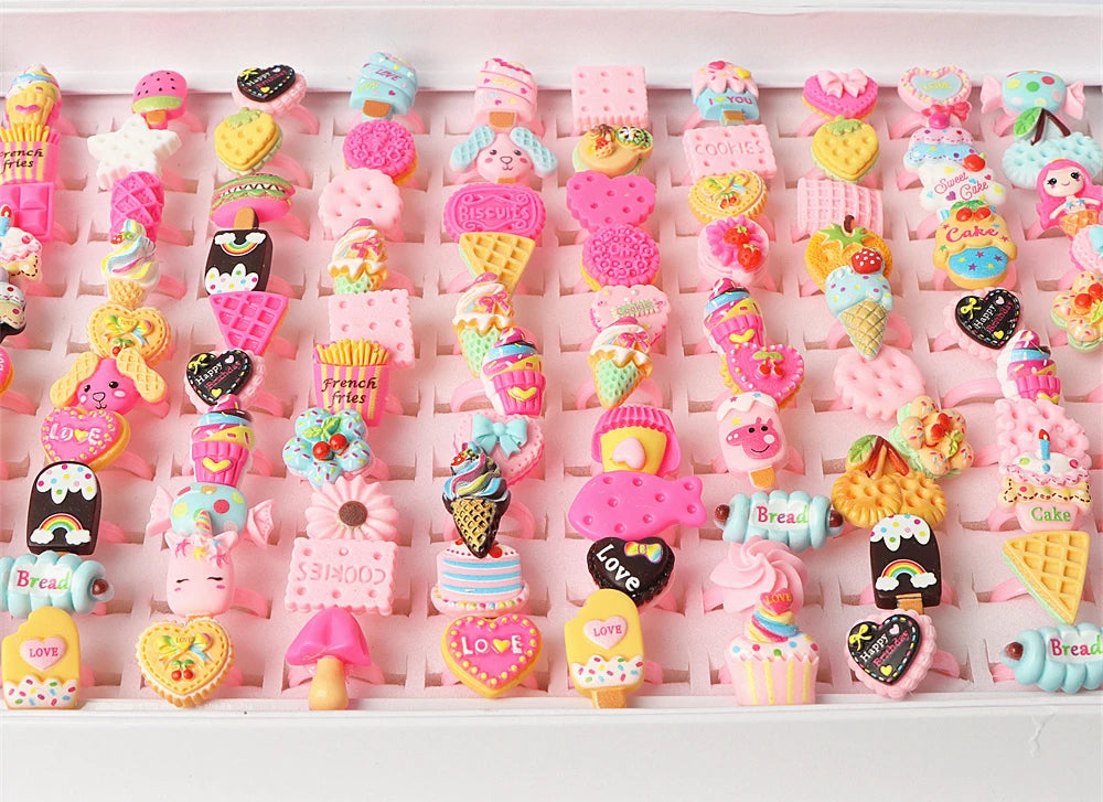 10pcs/lot Children's Cartoon Rings Candy Flower Animal Bow Shape Ring Set Mix Finger Jewellery Rings Kid Girls Toys Anillo