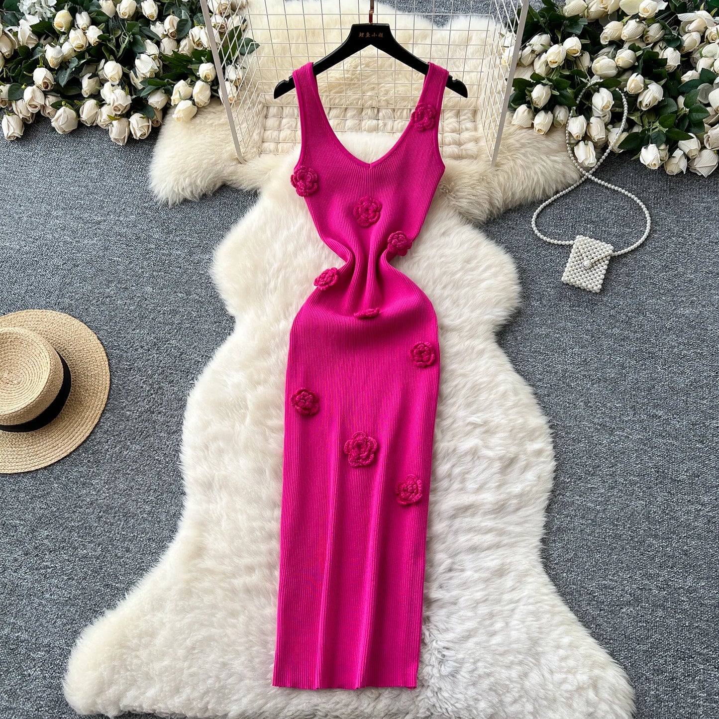 SINGREINY Knitted 3D Flower Chic Dress Sleeveless Slim Solid Elastic Sundress Women Summer Casual Fashion Bodycon Long Dresses