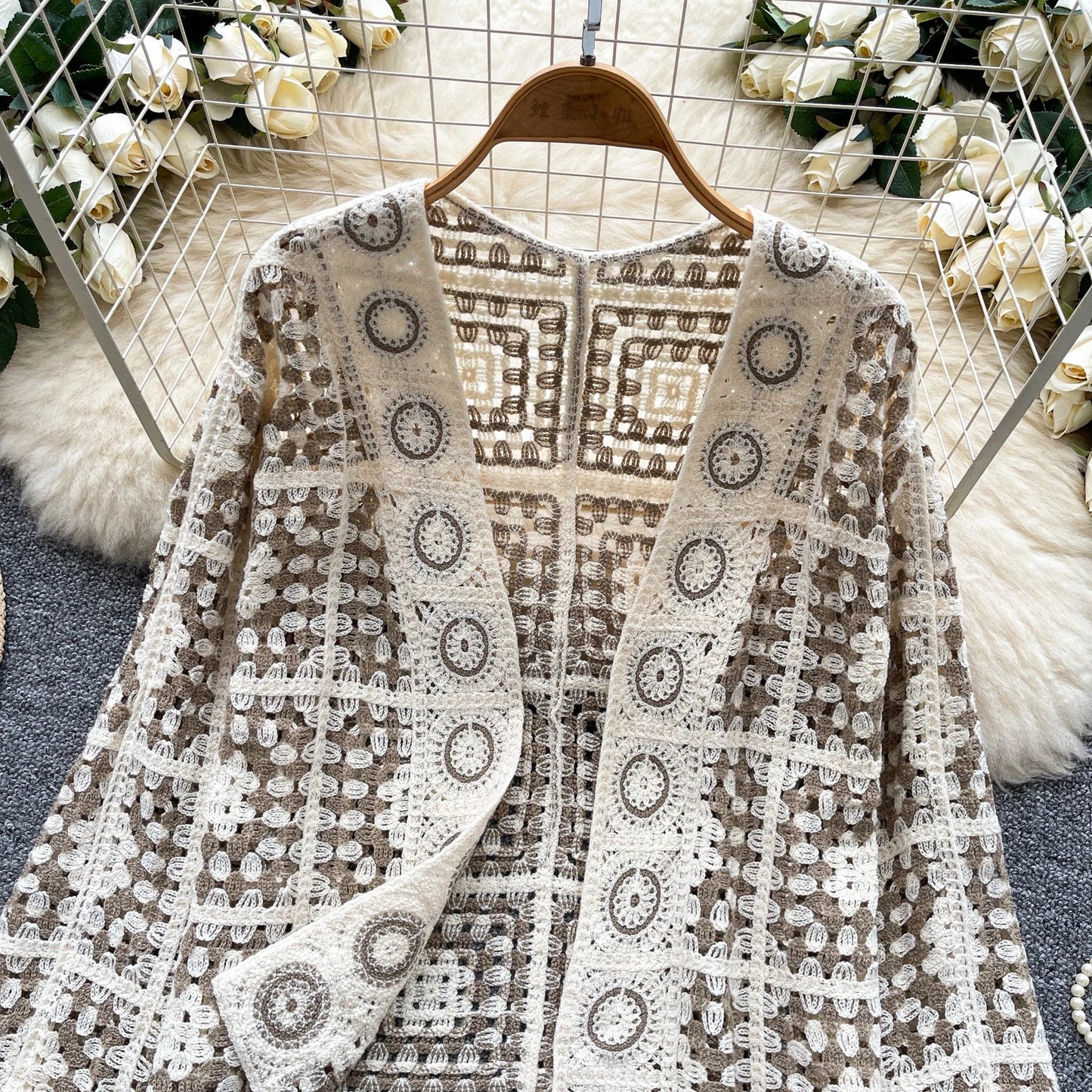 SINGREINY Vintage Boho Loose Plaid Cardigans Female Long Sleeves Hook Flower Hollow Tops 2025 Vacation Sunscreen Casual Shirt Badiee Stylez