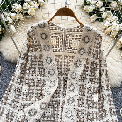 SINGREINY Vintage Boho Loose Plaid Cardigans Female Long Sleeves Hook Flower Hollow Tops 2025 Vacation Sunscreen Casual Shirt Badiee Stylez