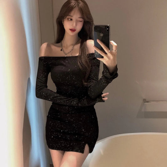 One-Shoulder Sequined Long Sleeve Sexy Pencil Skirt