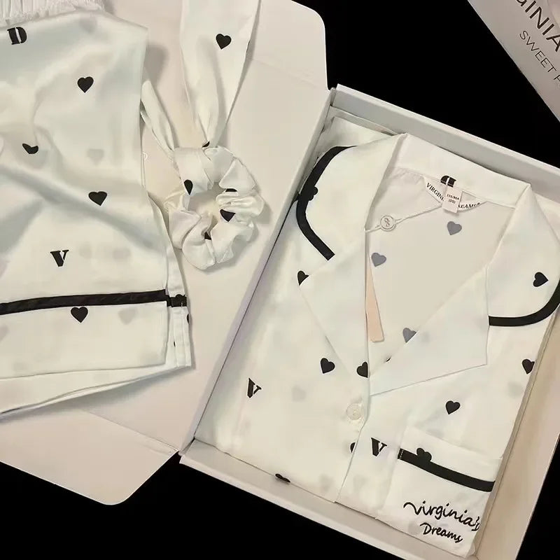 Women's Gray Ink Painting Ice Silk Pajamas Ladies Spring and Autumn Thin Long-Sleeved High-End Sleepwear Loungewear Cherry Print Blackhearts