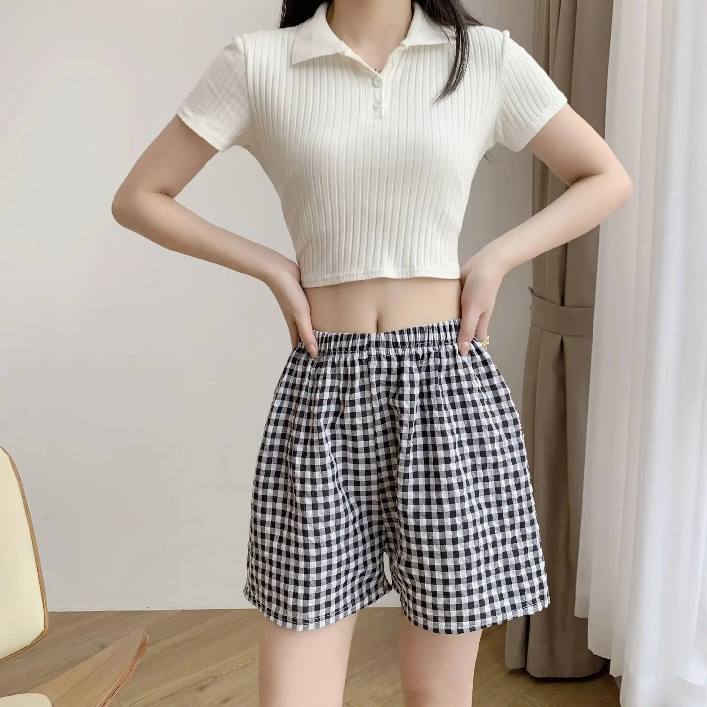 Summer Home Shorts Women's High Waisted Slimming Wide Leg Pants Sports Casual Pants Loose Plaid Pajama Pants Black grid
