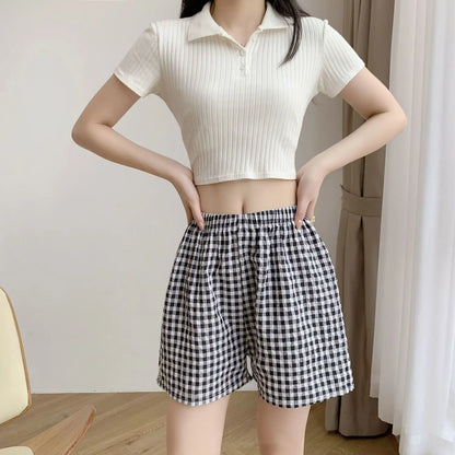 Summer Home Shorts Women's High Waisted Slimming Wide Leg Pants Sports Casual Pants Loose Plaid Pajama Pants Black grid