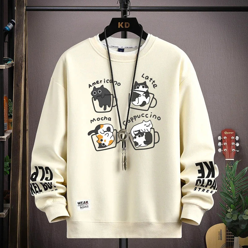 Spring Men's Sweatshirt Japan Cartoon Cats Printed Long Sleeve T-shirt Fashion Men's Clothing Khaki O Neck Harajuku Top 2024 New ND369-Khaki