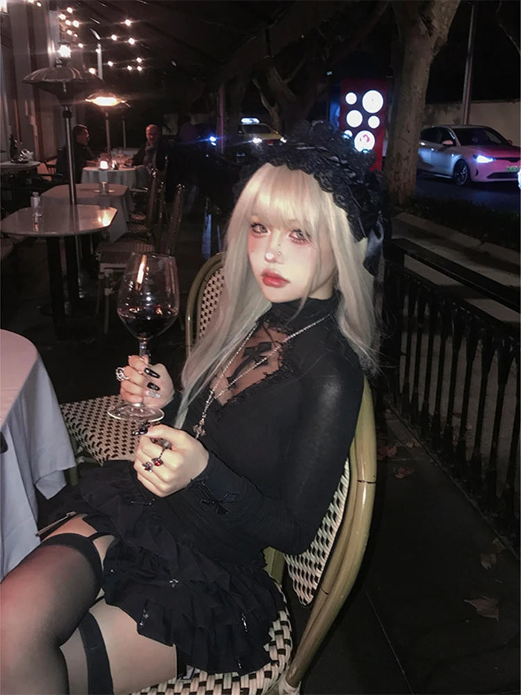 Turtleneck Top Y2k Clothes Black Gothic Cross Hollow Slimming Bottom T Shirt for Women Long Sleeve Sexy T-shirt Girls Tops Badiee Stylez