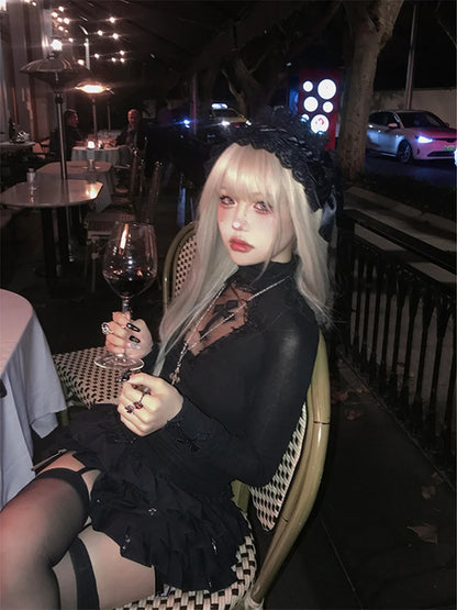 Turtleneck Top Y2k Clothes Black Gothic Cross Hollow Slimming Bottom T Shirt for Women Long Sleeve Sexy T-shirt Girls Tops Badiee Stylez