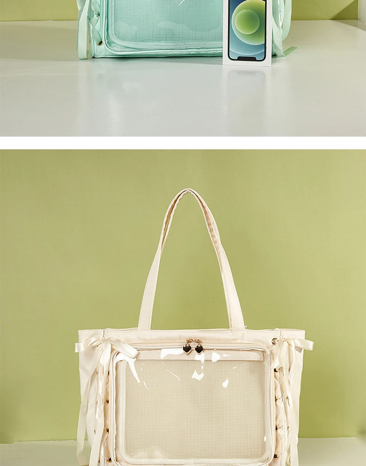 Japanese Large Capacity Satin Ribbon Ita Bag Sweet Girl Anime Transparent Tote Bag Lolita Shoulder Bags Clear Pvc Handbags