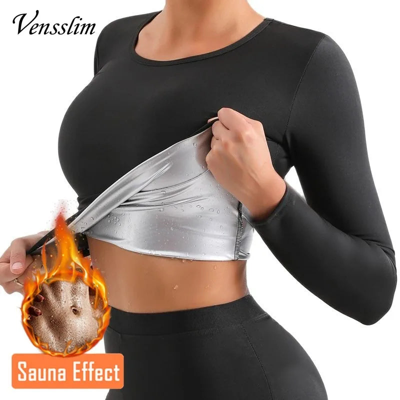 Vensslim Body Shaper Sauna Suits Sweat Slimming Waist Trainer Corset Long Sleeve Fat Burn Shirt Women Workout Tummy Control Tops