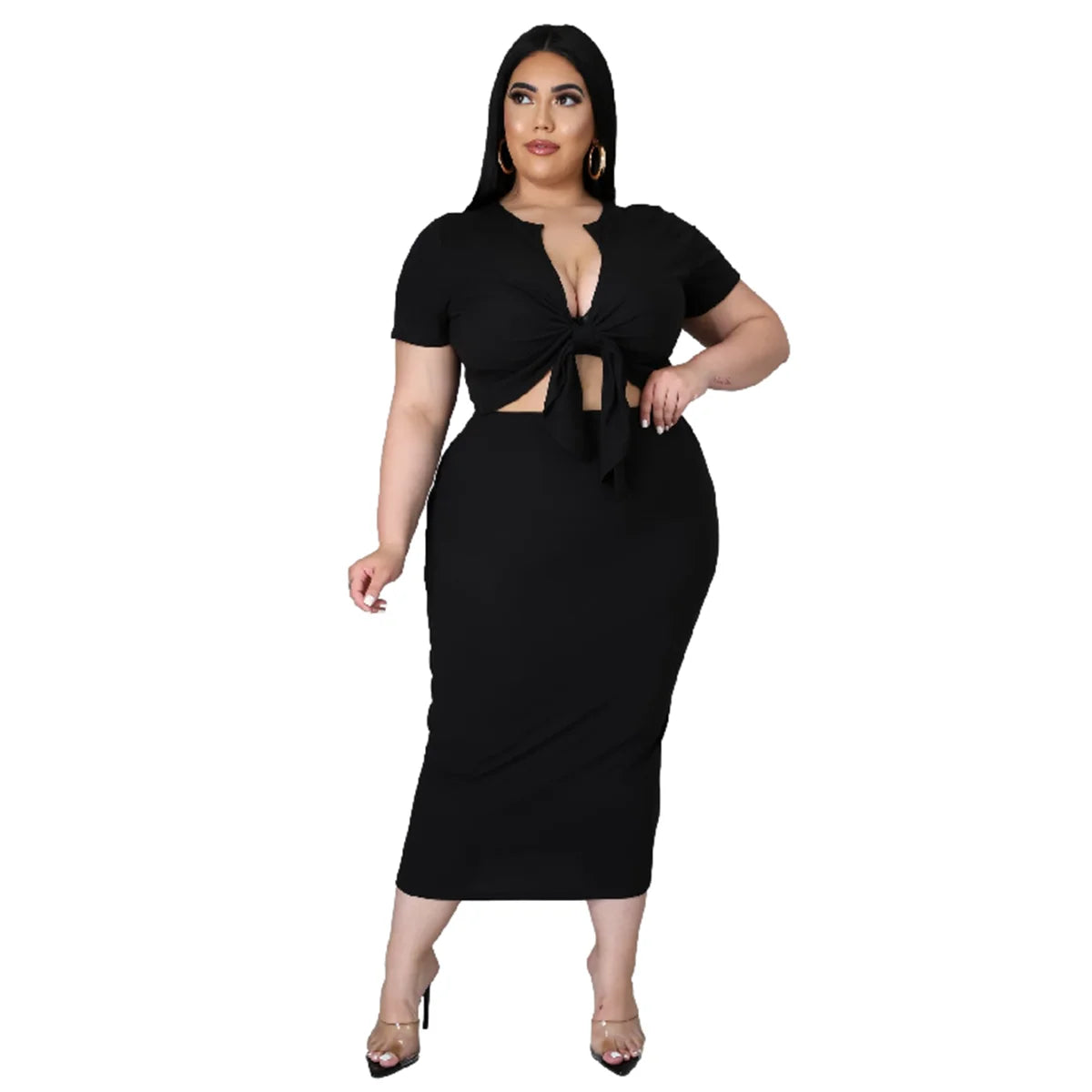 Plus Size New Arrival Fashional Women's Top and Skirt Suit Big Size V Neck Short Sleeve Casual Top ansd Skirt Set For Women black