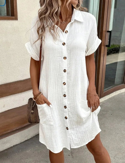 Women's Fashion Summer Minimalist V-neck Button Up Dress Woman Cotton Linen White Short Sleeved Pocket Casual Loose Shirt Dress Badiee Stylez