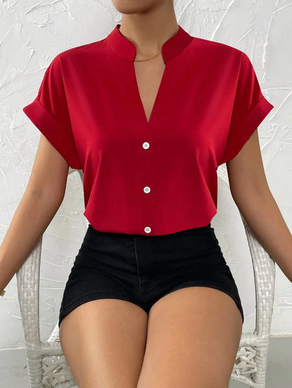 2024 Summer V-neck Women's Shirt Casual Office Lady Solid Color Short Sleeve Single Breasted Elegant Women Blouse Femme Blusas Wine red