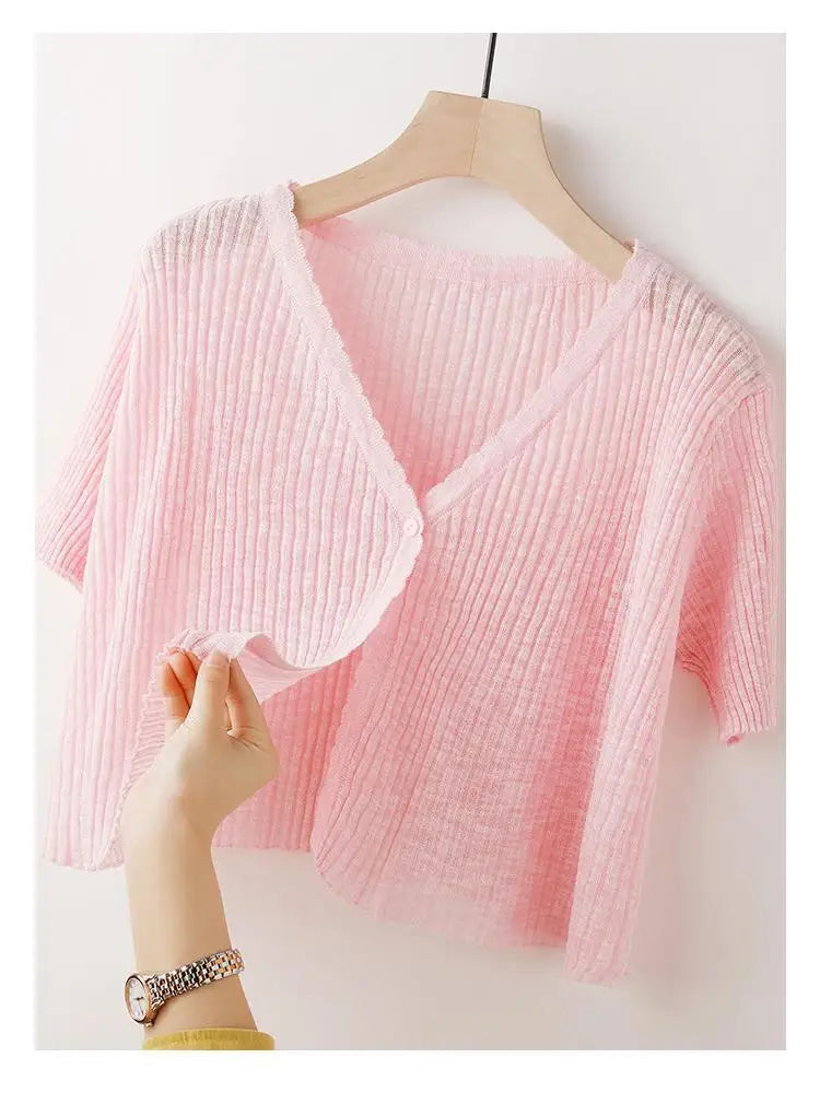 Ice Silk Knitted Cardigan Women's Summer Thin Short-sleeved Outer Wear Sun Protection Short Versatile Simple Commuter Top