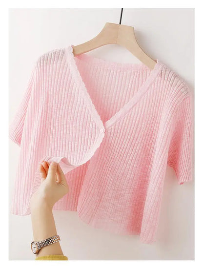 Ice Silk Knitted Cardigan Women's Summer Thin Short-sleeved Outer Wear Sun Protection Short Versatile Simple Commuter Top