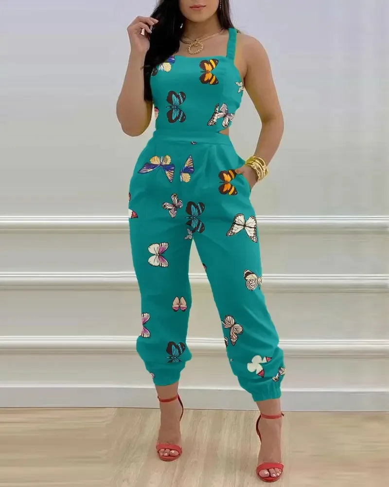 Women Printed Letter Jumpsuits Sleeveless V Neck Suspenders Backless High Waist Trousers Overall Rompers Pockets One Piece blue
