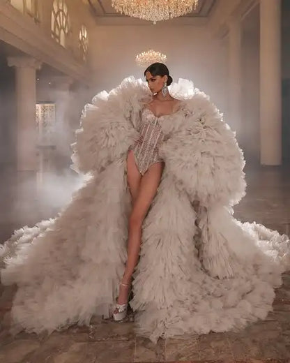 Luxury Champagne Volume Tulle Long Jacket Puffy Sleeves Floor Length Formal Bridal Jacket Cloak Women Outerwear To Stage Show Badiee Stylez