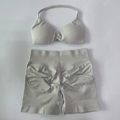 NO LOGO 2PCS Gym Set Women Strappy Yoga Bra Top High Waist Workout Scrunch Shorts Sports Suit Seamless Yoga Set Fitness Clothes Badiee Stylez