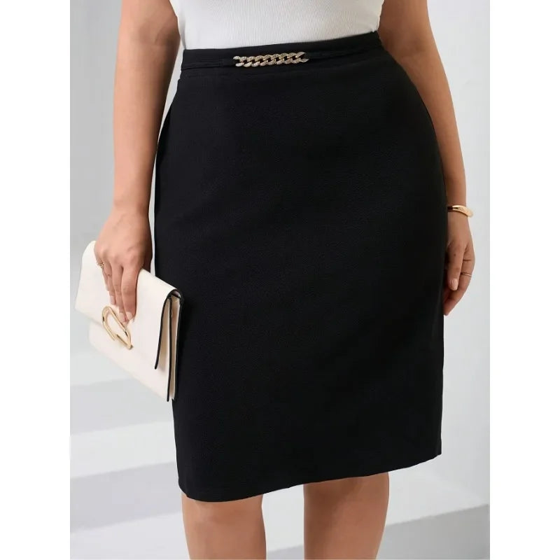 Plus Size 1XL-5XL New Elastic Mid Length Skirt Slimming-fit Women's High Waisted Trendy Knee Length Ladies Clothing Tight Skirt black