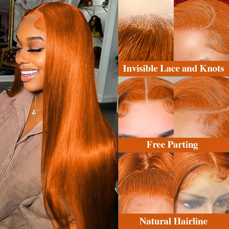 38 Inch Ginger Orange Lace Front Wigs Human Hair 13X6 180% Density Brazilian HD Transparent straight Lace Frontal Wig Human Hair Badiee Stylez