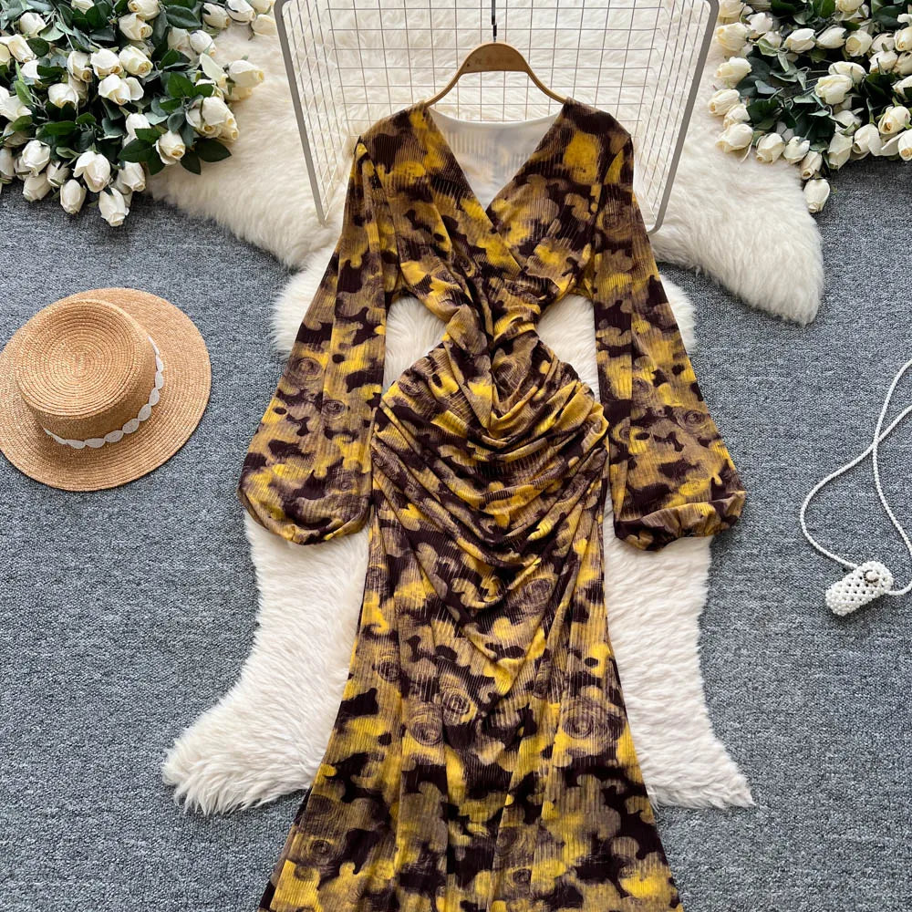 Chic vintage long sleeve Criss-Cross print pleated Elegant Fairy korean fashion dress women clothing Long dress