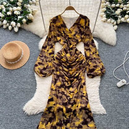 Chic vintage long sleeve Criss-Cross print pleated Elegant Fairy korean fashion dress women clothing Long dress