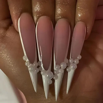 24Pc Long Stiletto Press on Nails Cherry Pink French False Nails with 3D Bow Pearls Design Detachable Acrylic Fake Nail Art Tips 8
