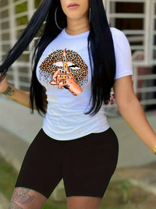 Women's summer casual loose fit large size Leopard Lips print round neck short sleeved T-shirt+shorts two-piece set WF105-bai