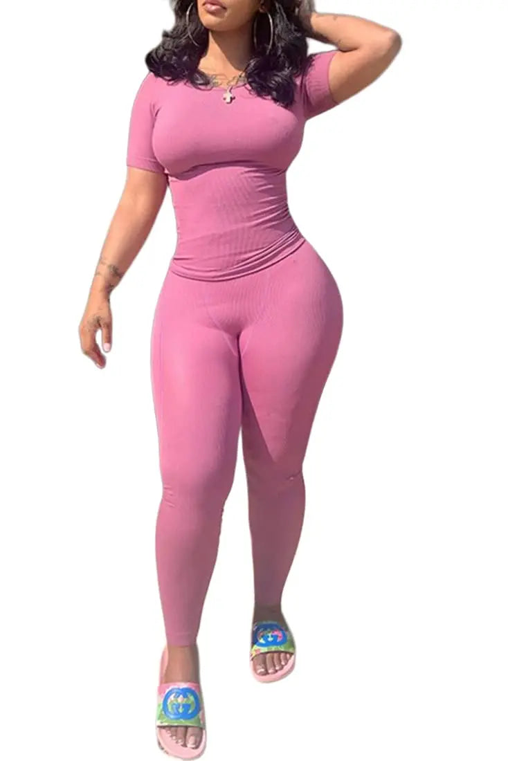 Lounge Wear Ribbed Casual 2 Piece Summer Shorts Set For Women Sleeve Top+Elastic Leggings Outfits