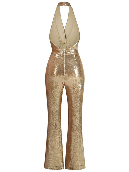 Women's Sleeveless Gold Sequin Jumpsuit Sexy V Neck Sparkle Sequined High Waist Wide Leg Pants Jumpsuit Celebrity Evening Party Badiee Stylez