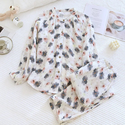 2025 New Women's Spring/Summer Pajama Set 100% Cotton Long Sleeve Long Pants Two Piece Set Large Home Clothes 02