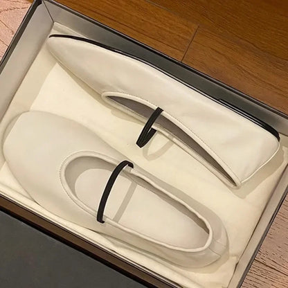 Round Toe Mary Janes Shoes For Women Elastic Band Solid Color Shallow Flat Female Shoes Concise Designer New Brand Girls Shoes WHITE