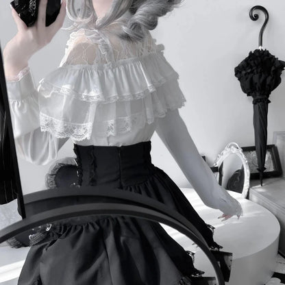 Japanese Kawaii Lolita Lace Patchwork Women Blouses 2025 Summer Harajuku Single Breasted Sweet Shirts Girly JK Bow Tops & Tees