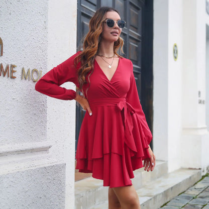 Sexy V-neck cinched waist lace up layered ruffle edge long sleeved dress for spring autumn women fashionable elegant short skirt