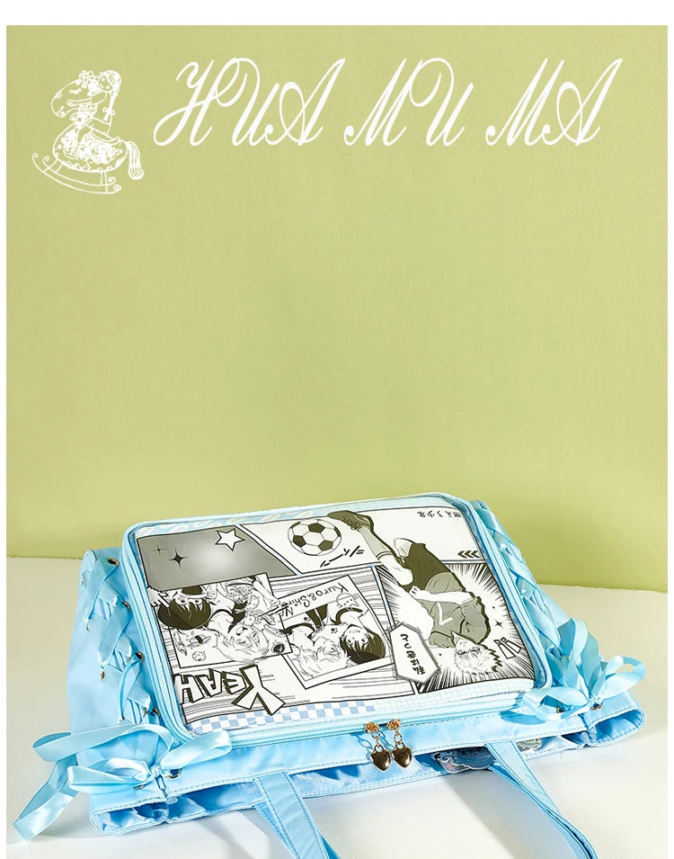 Japanese Large Capacity Satin Ribbon Ita Bag Sweet Girl Anime Transparent Tote Bag Lolita Shoulder Bags Clear Pvc Handbags