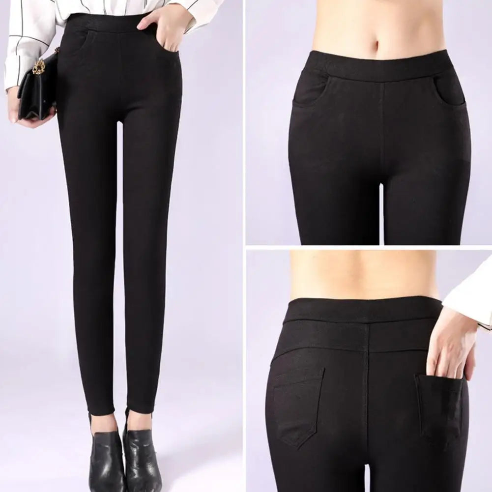 Office Lady Elastic High Waist Solid Color Trousers Summer Thin Female Clothing Casual Pockets Slim Nine Points Straight Pants