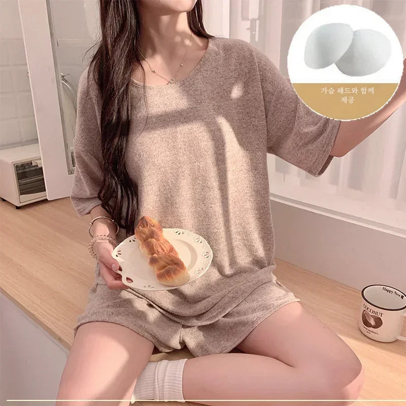 Hot with Chest Pad Pajamas Women 2025 New Summer Pure Cotton Short sleeve Shorts Set Spring and Autumn Loose Homewear