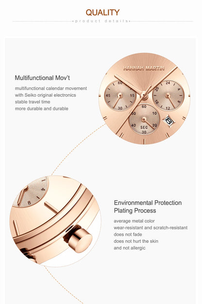 HANNAH MARTIN Brand Women Multifunctional Watch Original Stainless Steel Rose Gold 36mm Quartz Movement Casual Banquet Wristatch